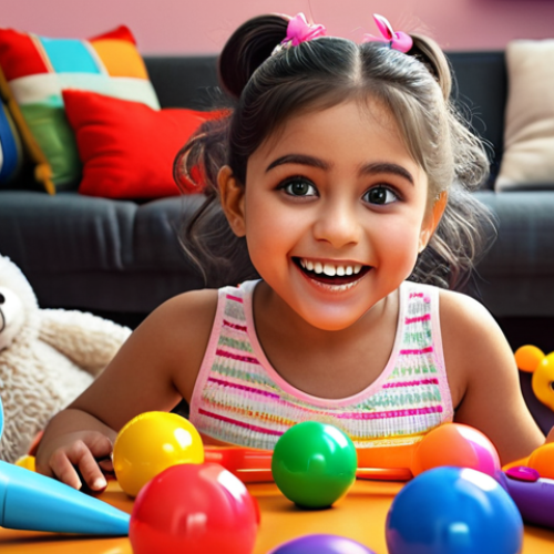 Home 4 A cheerful young girl (Hajini) surrounded by colorful toys, telling a captivating story. Focus on bright colors and an imaginative atmosphere.