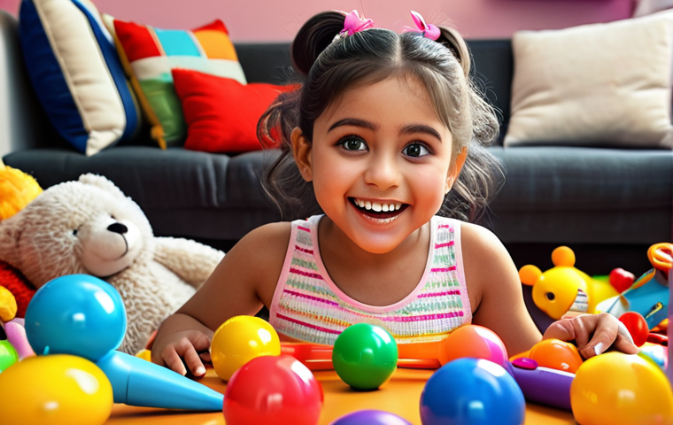 A cheerful young girl (Hajini) surrounded by colorful toys, telling a captivating story. Focus on bright colors and an imaginative atmosphere.