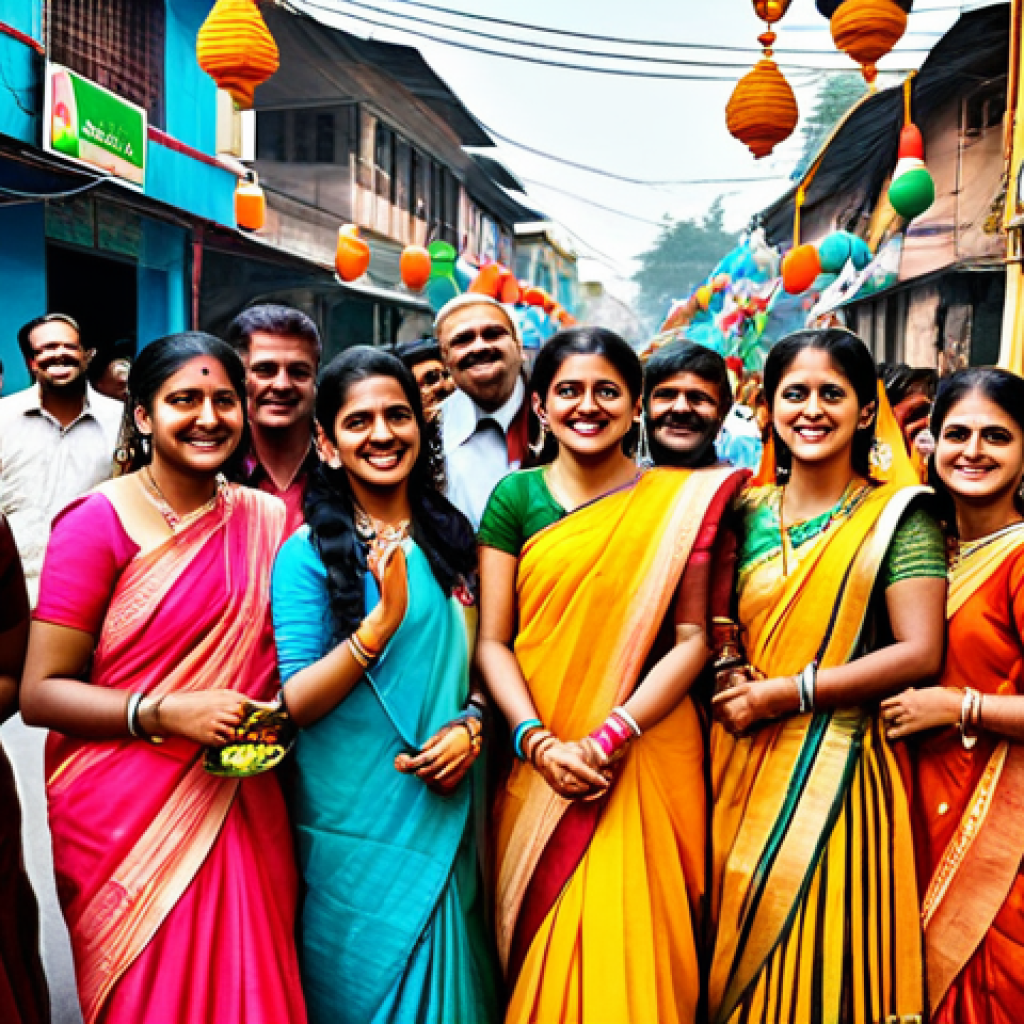 Cultural Diversity**
"A vibrant street festival in India, showcasing diverse traditional clothing, colorful decorations, and joyful people celebrating together, fully clothed, appropriate attire, safe for work, perfect anatomy, natural proportions, family-friendly, professional photography, high quality"
**