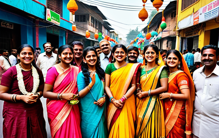 Cultural Diversity**
"A vibrant street festival in India, showcasing diverse traditional clothing, colorful decorations, and joyful people celebrating together, fully clothed, appropriate attire, safe for work, perfect anatomy, natural proportions, family-friendly, professional photography, high quality"
**