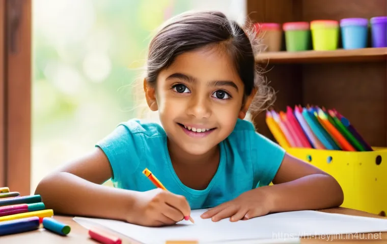 헤이지니의 팬 메일 소개 - **Prompt:** A heartwarming scene featuring a joyful child, approximately 7 years old, with bright, c...