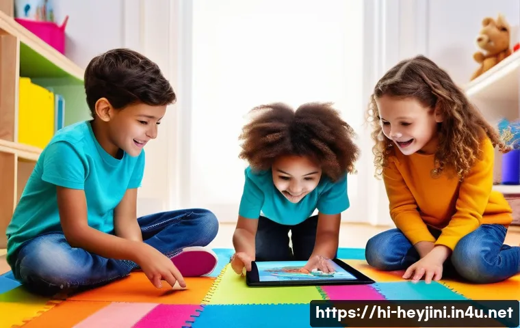 헤이지니 어린이 교육 콘텐츠 - **Prompt 1: Joyful Digital Learning Adventure**
    "A vibrant, high-angle shot capturing a diverse ...